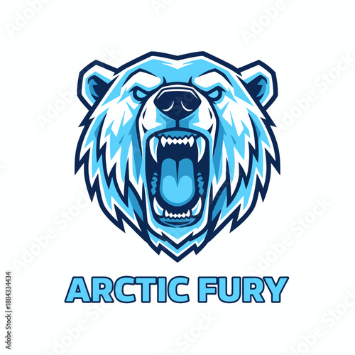 Fierce polar bear mascot head for esports or sports team branding featuring aggressive expression with the text ARCTIC FURY integrated