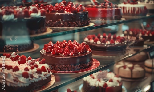 Premium selection of gourmet cakes arranged beautifully in a glass display case