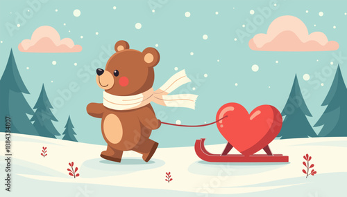 An illustration of a brown bear wearing a warm scarf pulling a red heart on a sled as a symbol of love in a winter forest