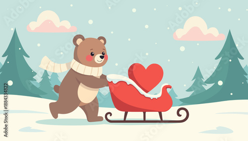 A happy bear with a scarf is pushing a beautiful sled with a heart in a winter forest. Valentine's Day card