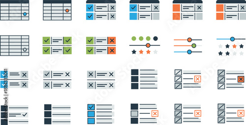 Business management icon set with colorful data tables digital checklists progress sliders and task organization vector interface symbols