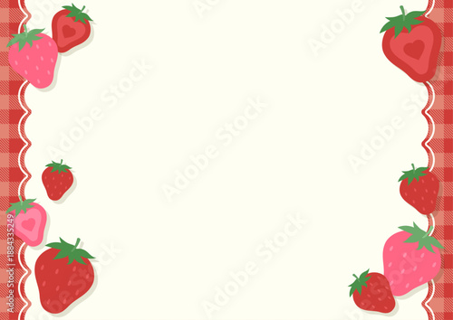 ギンガムチェックと甘い苺のガーリーな背景フレームイラスト素材
