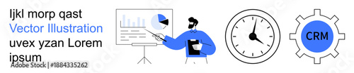 Data analysis, project management, time tracking, business tools, customer relationship management, productivity. Person presenting data on a chart, clock and CRM gear icon. Data analysis