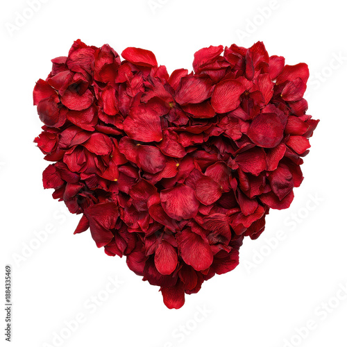 Wallpaper Mural Heart shape formed from clustered red rose petals and small blossoms, dense layered texture with rich crimson tones and soft shadows in petal crevices isolated on transparent background. Torontodigital.ca