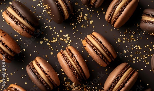 Decadent chocolate and caramel macarons with shiny textures on a dark brown background