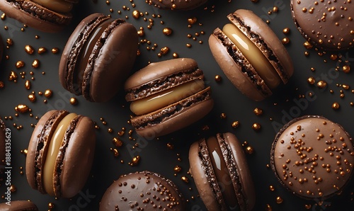 Glossy chocolate and caramel macarons displayed in an elegant dark brown setting