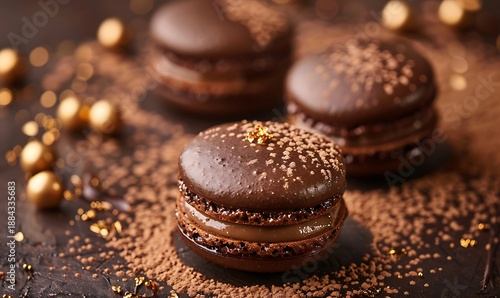 Rich chocolate and caramel macarons showcased against a deep brown template backdrop