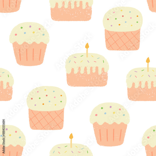 Seamless pattern with various Easter cake painted with crayon.