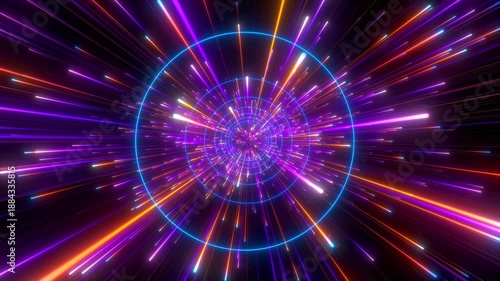 Abstract background in blue and purple neon glow colors. Speed of light in galaxy. Explosion in universe. Space background for event, party, carnival, celebration, anniversary or other. 3D rendering.