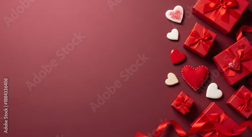 Valentine Gift Boxes and Chocolate Concept with Romantic Red Background