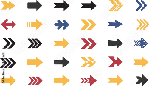 Collection of colorful right facing arrows isolated on transparent background