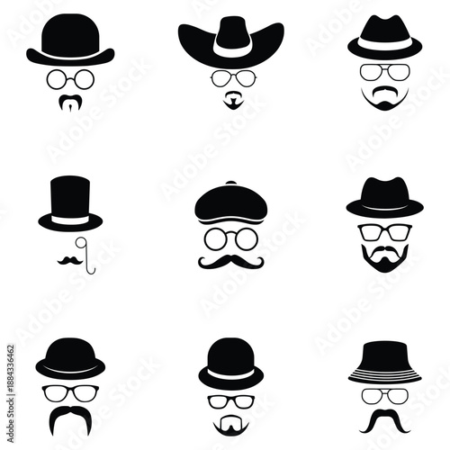 Black and white glasses, hat, with mustache and beard Gentleman icon set.  Secret agent icon. Spy agent icon. Vector illustration.