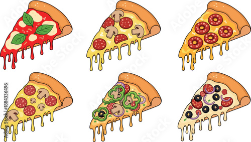Cartoon dripping cheese pizza slices with various toppings vector illustration set for fast food design