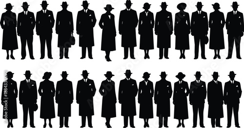 Vintage Silhouettes of Men and Women in 1940s Fashion Wearing Overcoats and Fedora Hats for Noir Style Vector Illustration