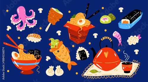 Sushi roll with salmon. Asian ramen. Japanese food. Korean spicy street noodles. Chinese cuisine. Octopus and shrimp sashimi. Chicken rice. Fast food menu. Vector restaurant cartoon tidy stickers set