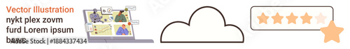 Digital marketing, data storage, user feedback, online services, e-learning, consumer ratings. Laptop with visuals, cloud symbol star rating. Digital marketing and data storage concept