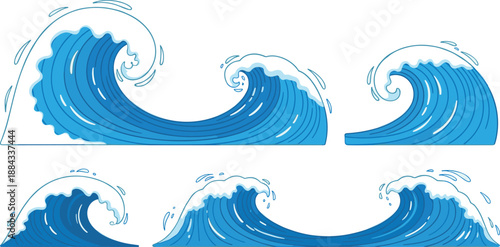 Cartoon ocean wave vector set with dynamic splashes for sea water surf design
