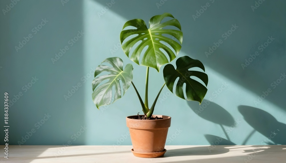 Fototapeta premium Monstera deliciosa plant in terracotta pot with dramatic light and shadow on teal wall