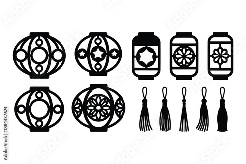 Set of decorative Chinese lantern silhouettes with traditional patterns and hanging tassels.