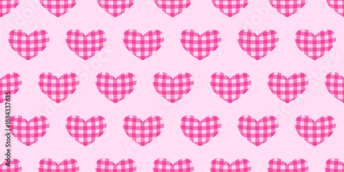 Seamless pattern of pink gingham hearts on soft blush background. Sweet Valentine’s Day repeat for wrapping paper, fabric, wallpaper, stationery, packaging, and romantic cards. Lovely retro vibe