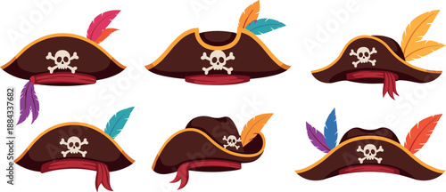 Cartoon pirate hat vector set with skull emblem and colorful feathers for adventure design