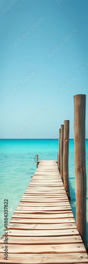 Fototapeta premium A weathered wooden pier extending into the calm, turquoise ocean, offering a serene vista of the horizon, tranquil, architecture