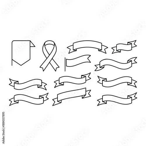 Minimalist outline ribbon banners set with awareness loop and flag icons for clean graphic design.