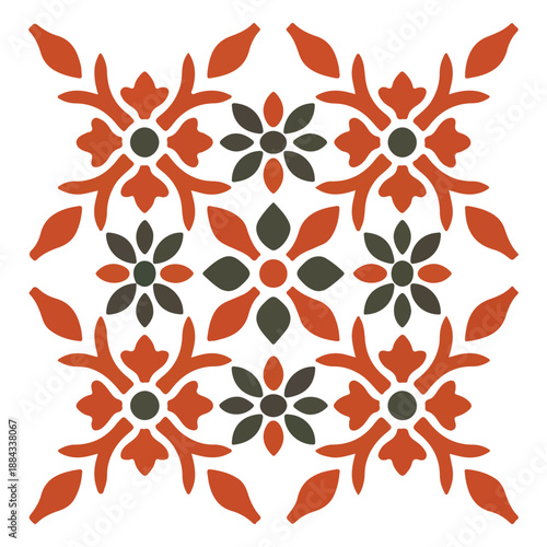 Vintage floral tile pattern vector background orange and grey ornament isolated on white