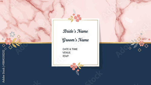 Elegant Wedding Invitation Card Design with Floral Accents and Marble Texture.