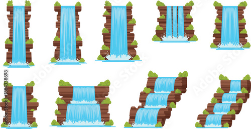 Cartoon waterfall vector collection with rocks and green plants for nature landscape design