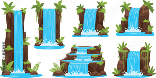 Cartoon waterfall vector set with rocks and tropical plants for nature landscape design