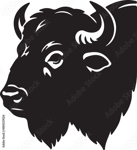 Buffalo head view in silhouette white background.
