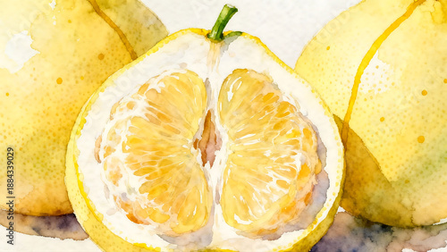 Close-up Watercolor Illustration of Fresh Pomelo