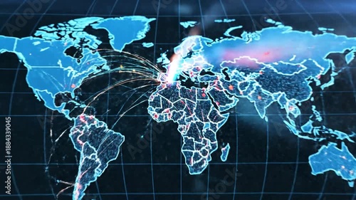Stylized blue world map on a black background, showing network connections