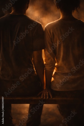 Two people sitting side by side in a calm atmosphere with warm backlight creating a quiet and reflective mood