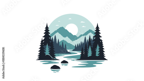 Illustration of a serene landscape with a river, trees, mountains, and a full moon in a flat, graphic style against a white background.