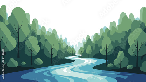 Illustration of a serene river flowing through a lush forest with vibrant green trees under a bright white sky.