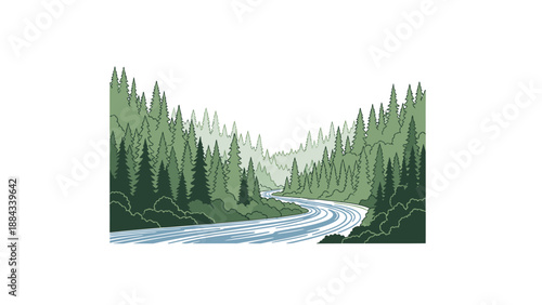 Winding road through a dense forest with tall evergreen trees and a serene natural landscape in a scenic view.