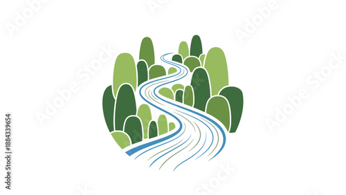 Illustration of a winding road through a lush green forest with various shades of green trees on a white background.