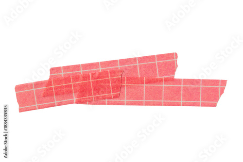 Ripped torn paper adhesive red grid pattern washi tape on transparent background