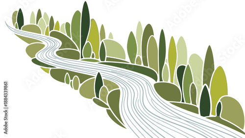 Illustration of a winding road through a forest with various green trees on a white background in a graphic style.