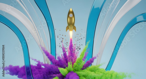 Gold Rocket Launching Through Colorful Smoke
