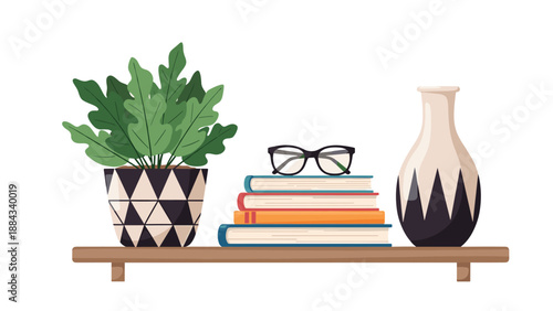 Organized wooden bookshelf featuring a large potted plant, a stack of colorful books, and a matching ceramic vase for decor.