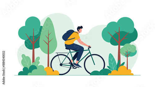 Active man riding a bicycle through a lush green park filled with various trees and bushes under a clear blue morning sky.