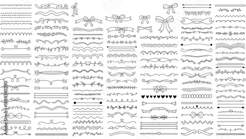 Massive collection of decorative hand drawn dividers and elegant ribbons featuring various patterns and styles for creative graphic design projects.