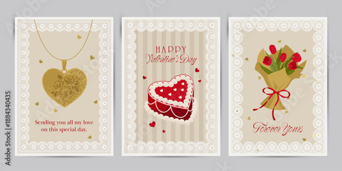 Valentines cards with a bouquet, cake, and gold locket. Cute Vector illustration in flat style