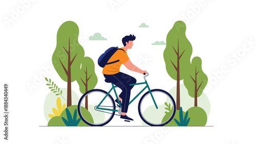 Young man with a backpack riding a green bicycle through a scenic park with lush green trees and soft clouds on a sunny day.