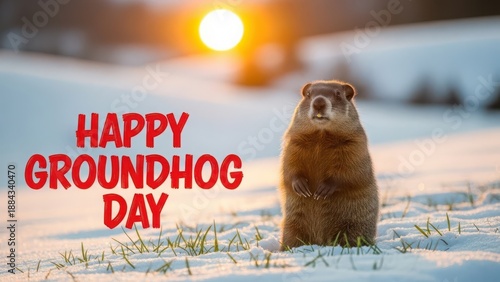 Groundhog standing in snowy field with Happy Groundhog Day text woodchuck rodent