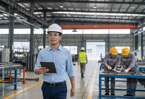 A man wearing a hard hat and safety glasses walks through a factory with other workers. He is holding a tablet in his hand