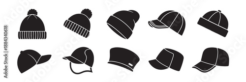 collection of black winter hats and baseball caps isolated on transparent background, winter headwear and casual headwear set, diverse hat styles for all seasons, clothing accessories for men women